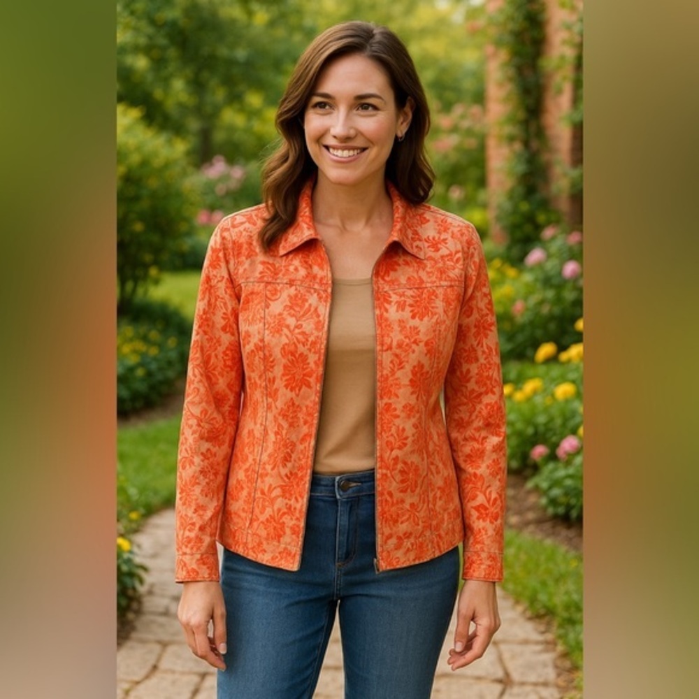 Orange/Khaki Stretch Denim Zip Jacket - Everyday Work to Evening EUC XL #660